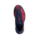 Adidas Adizero Evo SL Woven til kvinder i mørkeblå med luc-rød og multililla har røde striber, et cirkulært tådesign, marineblå snørebånd, LABR på tungen og Lightstrike Pro-komfort. Set fra oven.