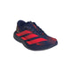 Adizero Evo SL Woven fra Adidas til kvinder har en mørkeblå overdel med røde accenter og mutprp-detaljer, mønstret design, sorte snørebånd og en tyk mørk sål - ideel som konkurrence løbesko, vist på en hvid baggrund.