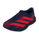 Adidas Adizero Evo SL Woven til kvinder har en mørkeblå overdel med knaldrøde striber og geometriske detaljer, sorte snørebånd og "ARSUPR" på tungen - ideel som konkurrenceløbesko.