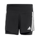 Adidas Adizero Running 2-IN-1 Gel Pocket Shorts til mænd i sort, med hvide lodrette striber, et hvidt Adidas-logo nederst på venstre ben og CLIMACOOL-teknologi for åndbarhed, vist på en hvid baggrund.