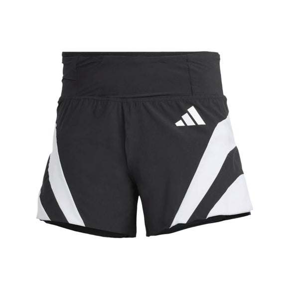 Adidas Adizero Archive Gel Shorts 5" til mænd er sorte sportsshorts med hvide kantede sidestriber, CLIMACOOL-teknologi og et Adidas-logo på venstre forside.