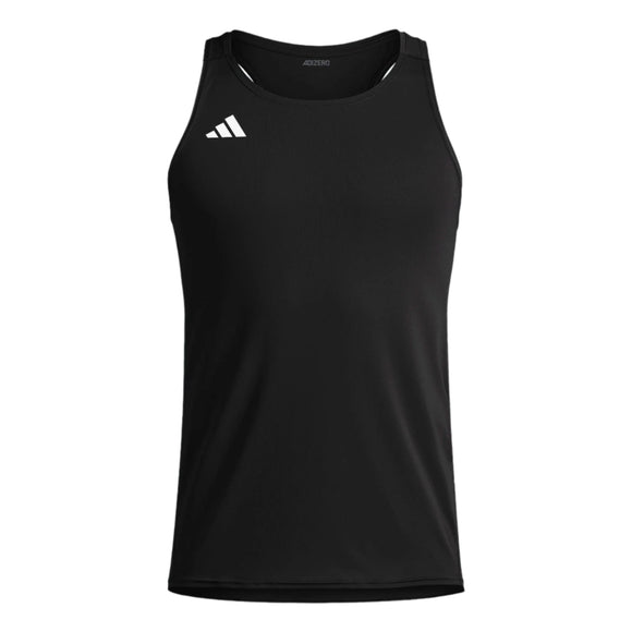 Adizero E Singlet til mænd fra Adidas er en sort løbe-tanktop med et hvidt logo på venstre bryst. Den er lavet af genbrugsmateriale og har AEROREADY-teknologi, der holder dig afkølet under sport eller træning.