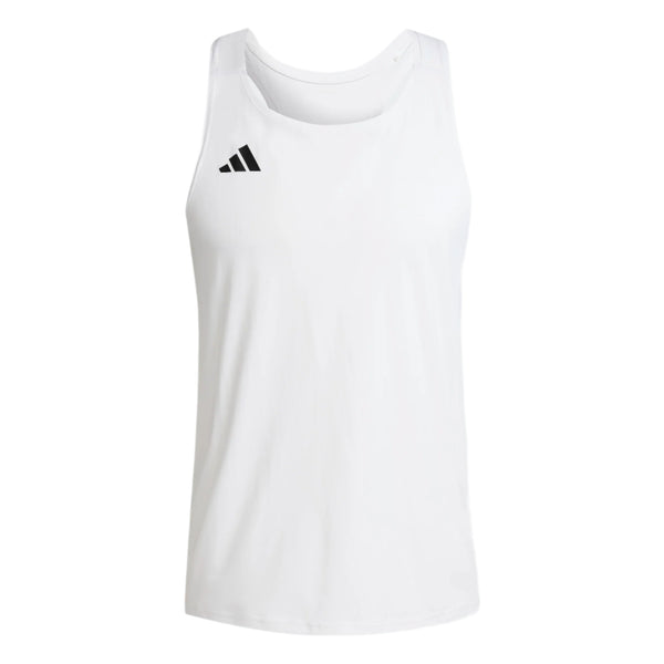 Adizero E Singlet, Herre, White fra Adidas er en hvid ærmeløs tank med et sort logo på venstre bryst. Den er fremstillet af let, åndbart AEROREADY-stof og har en rund halsudskæring, der giver komfort under træningen.