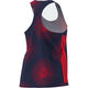 Adidas Labrum Singlet, Dame, Blue er en ærmeløs atletisk top med store røde cirkulære blomstermønstre og tre dristige lodrette striber på den ene side. Den er fremstillet af genbrugsmaterialer og har synlig ryg og ærmegab.