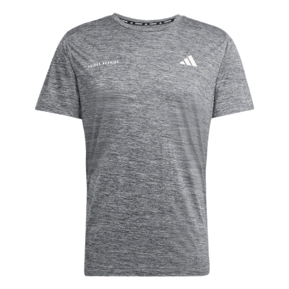 Adidas Otr Mel Tee M til mænd i Black/Grthme har korte ærmer, rund hals, logo og ADIDAS RUNNING-tekst foran til venstre, CLIMACOOL-teknologi for åndbarhed og et subtilt struktureret mønster.