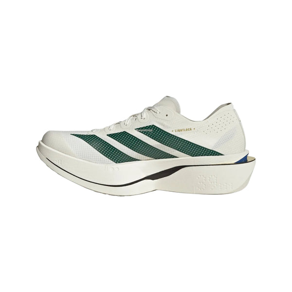 Off-white Adidas Adizero Adios Pro 5, herre, Off White/Collegiate Green/Royal Blue løbesko med grønne striber, en tyk mellemsål og blå detaljer på hælen.