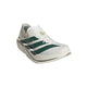 Off-white Adidas Adizero Adios Pro 5 løbesko med mørkegrønne striber og en tyk, klodset sål.