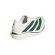 Off-white Adidas Adizero Adios Pro 5, herre, Off White/Collegiate Green/Royal Blue løbesko med grønne striber, en tyk mellemsål samt blå og guldfarvede detaljer på hælen.