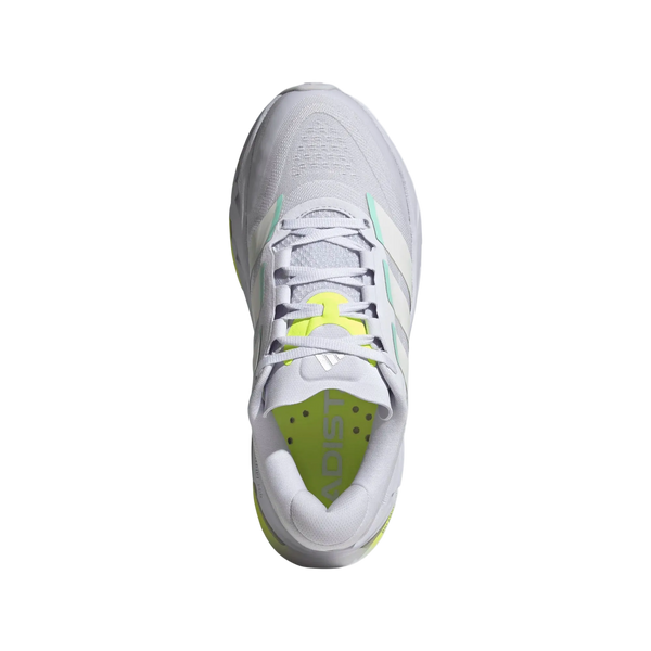 En Adidas Adistar Byd 2 dame løbesko i fropur/cwhite/hireye, set oppefra, har lysegrå detaljer, neon-gule elementer på pløs og hæl samt mintgrønne accenter ved side-striberne for optimal komfort under løb.
