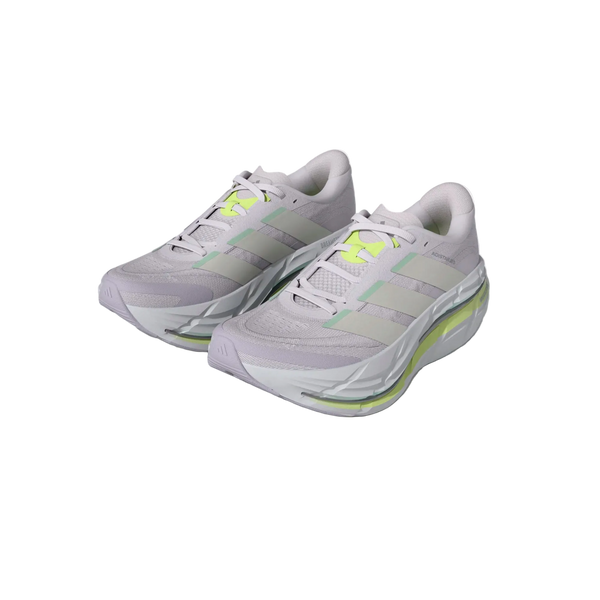 Et par Adidas Adistar Byd 2 Dame løbesko i Fropur/Cwhite/Hireye, der er designet til komfortløb, vises side om side på en almindelig hvid baggrund.