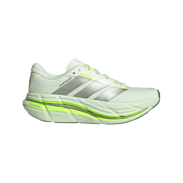 Adidas Adistar Byd 2 løbesko herre i Cryjad/Tegrme/Siggnr har sølvstriber, neongrønne accenter og en tyk polstret sål for maksimal komfort, vist i sideprofil på en almindelig hvid baggrund.