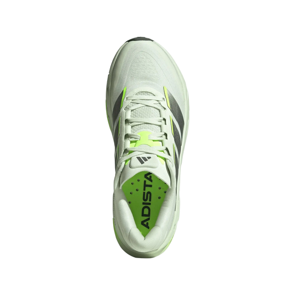Et topbillede af Adidas Adistar Byd 2 Herre løbesko i Cryjad/Tegrme/Siggnr, med signaturstriber og "ADISTAR" på tungen og indersålen. Designet til maksimal komfort, vist på en almindelig hvid baggrund.