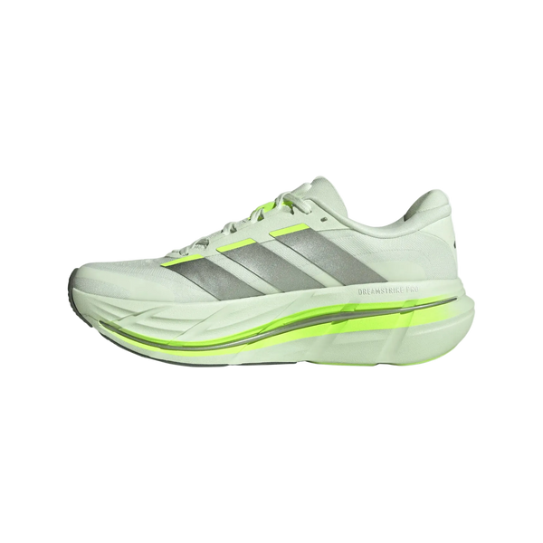 Adidas Adistar Byd 2 herre løbesko i Cryjad/Tegrme/Siggnr har grå striber, neongule detaljer og en tyk polstret sål for maksimal komfort, vist i slank sideprofil på en hvid baggrund.