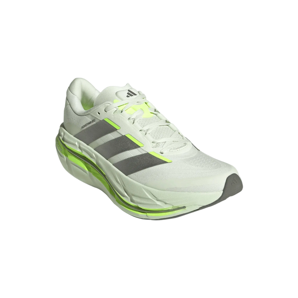 Adidas Adistar Byd 2 herre løbesko i Cryjad/Tegrme/Siggnr, med grå striber, neongule detaljer, en tyk komfortsål og grå tåkappe, vises i en vinkel på en almindelig hvid baggrund.
