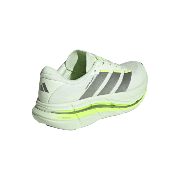 En Adidas Adistar Byd 2 løbesko herre (Cryjad/Tegrme/Siggnr) er vist fra hælen og venstre side på en hvid baggrund, med grå striber, neongule sål-accenter og designet til maksimal komfort.