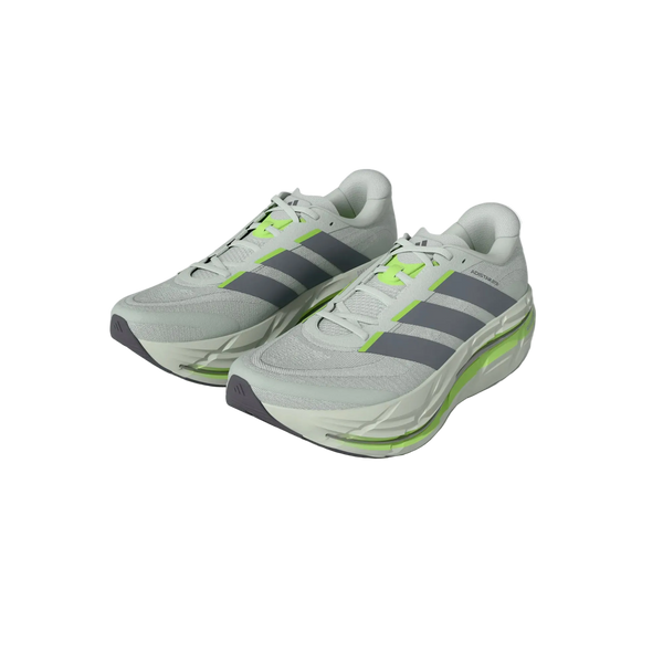 Et par Adidas Adistar Byd 2 løbesko herre i lysegrå (Cryjad/Tegrme/Siggnr) med mørke striber og neongrønne detaljer, designet til maksimal komfort, vist på en hvid baggrund.
