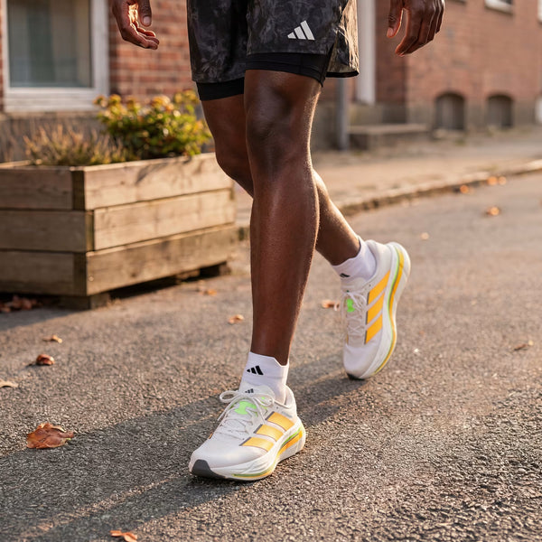 En person, der har lette og smidige Adidas Adistar BYD 2-løbesko med gule sidestriber på, går ned ad en boliggade.