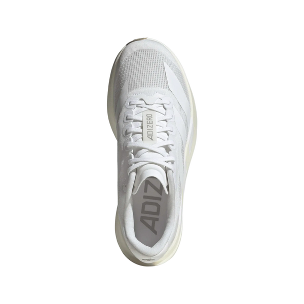 Topbillede af Adidas Adizero Evo SL Dame løbesko i Ftwwht/Ftwwht/Warsan, der viser en hvid mesh-overdel, snørebånd, ADIZERO-mærke på tungen og indersålen, LIGHTSTRIKE PRO-støddæmpning og et lysegråt stribe-design på siden.