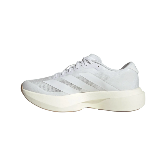 Adidas Adizero Evo SL Dame i Ftwwht/Ftwwht/Warsan har et hvidt design med lysegrå striber og en tyk LIGHTSTRIKE PRO-sål - en ideel løbeskoinnovation til kvindelige løbere, vist fra siden på en almindelig, lys baggrund.