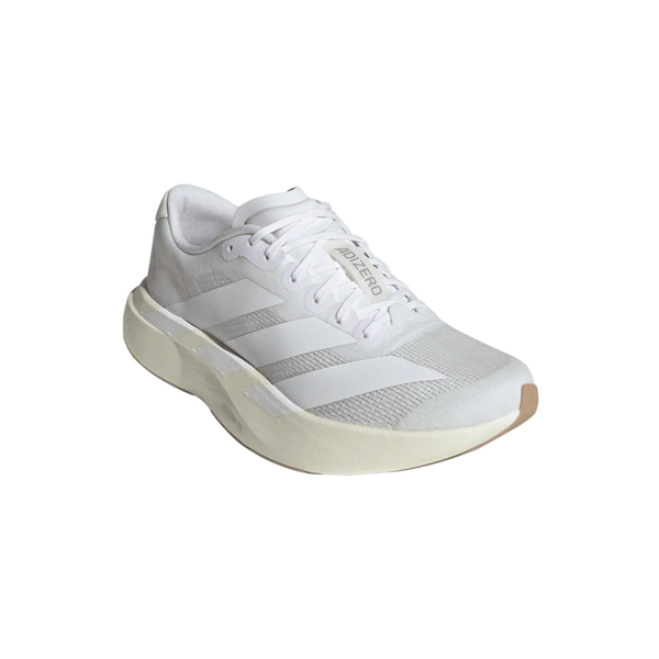 En enkelt hvid Adidas Adizero Evo SL Dame løbesko i Ftwwht/Ftwwht/Warsan med en overdel i mesh, tre hvide striber og en tyk offwhite LIGHTSTRIKE PRO-sål vises på en almindelig hvid baggrund.