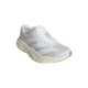 En enkelt hvid Adidas Adizero Evo SL Dame løbesko i Ftwwht/Ftwwht/Warsan med en overdel i mesh, tre hvide striber og en tyk offwhite LIGHTSTRIKE PRO-sål vises på en almindelig hvid baggrund.