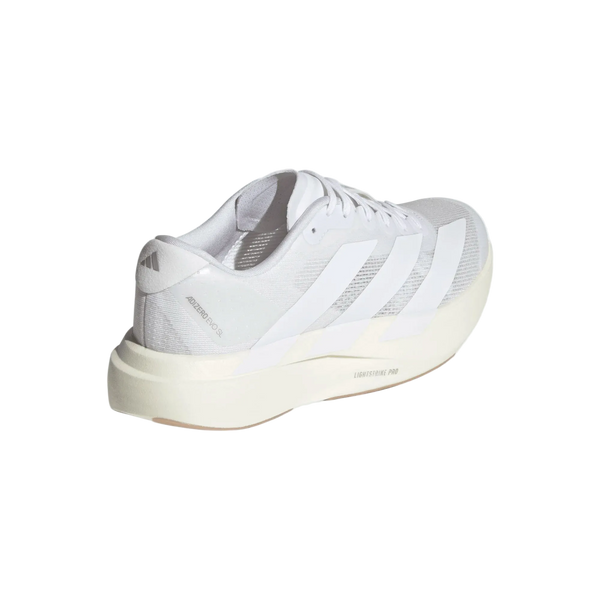 Adidas Adizero Evo SL, Dame, Ftwwht/Ftwwht/Warsan er en hvid sportssneaker med lysegrå detaljer, tre hvide sidestriber, mesh-overdel, tyk off-white sål, Adidas-hæl-logo og -tekst samt LIGHTSTRIKE PRO-støddæmpning.