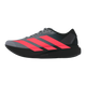 En grå Adidas Adizero Evo SL-løbesko til herrer i farvekombinationen Cblack/Soltur/Ltonix, med tre lyserøde diagonale striber på siden, sorte detaljer og en tyk sort sål med den innovative LIGHTSTRIKE PRO-støddæmpning, ses set fra siden på en ensfarvet hvid baggrund.