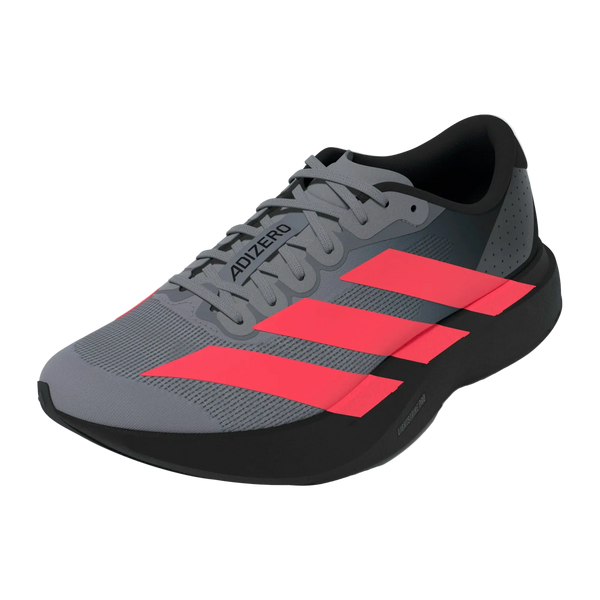 Adidas Adizero Evo SL er en grå herresportssko i farvekombinationen Cblack/Soltur/Ltonix med markante røde sidestriber, en sort sål og teksten »ADIZERO« trykt på tungen. Modellen er udstyret med den innovative LIGHTSTRIKE PRO-støddæmpning og vises her på en hvid baggrund.