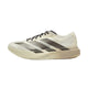 Et sidebillede af Adidas Adizero Evo SL Herre i Owhite/Aucome/Msilve med sorte og grå vinklede striber, sorte snørebånd, en perforeret hæl og en tyk beige LIGHTSTRIKE PRO-sål.