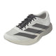 Adidas Adizero Evo SL Herre i Owhite/Aucome/Msilve har en hvid mesh-overdel, lysegrå sål, mørkegrå sidestriber, ADIZERO-tekst på tungen og responsiv LIGHTSTRIKE PRO-støddæmpning, der giver et strømlinet løb.