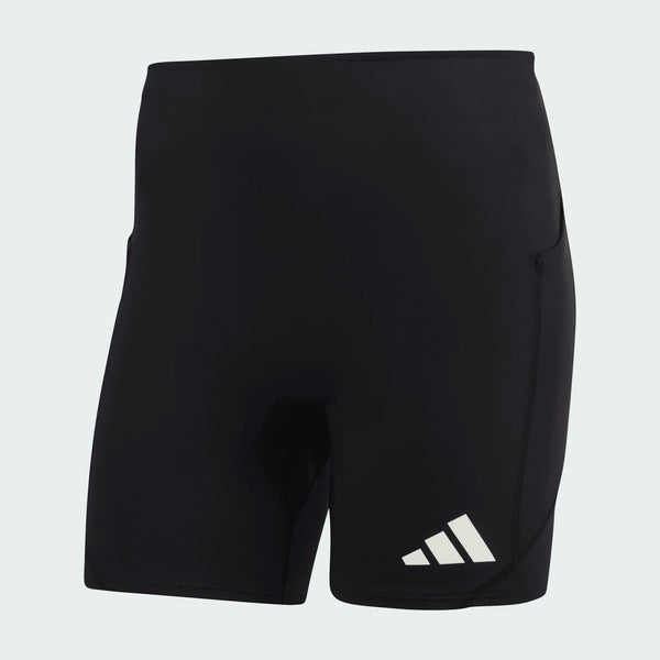 Adidas Adizero Short Pocket Løbetights, Herre, Black har et tætsiddende design og et hvidt trestribet logo nederst på venstre ben, der vises mod en enkel lys baggrund for at fremhæve deres slanke look.