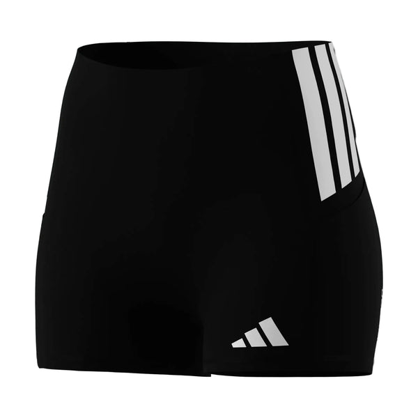 Adidas Adizero Shorts Tights til damer i sort, med høj linning, tre hvide diagonale striber på det ene lår og et lille hvidt logo - ideel til løb eller hverdagstræning.