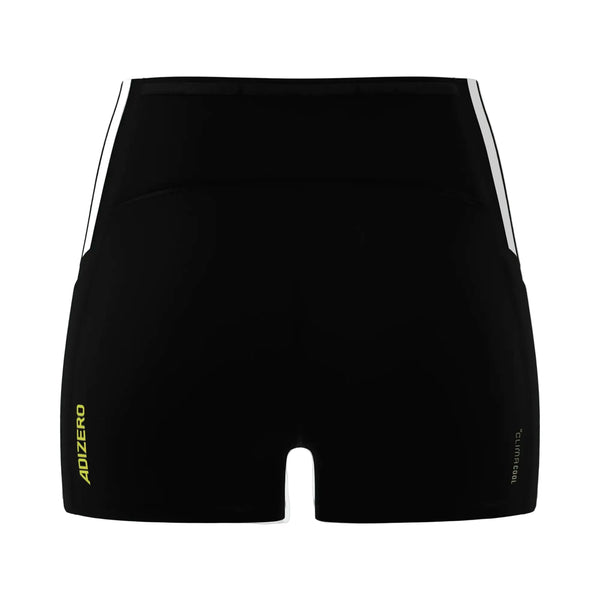 Adidas Adizero Shorts Tights til damer i sort med hvide sidestriber, ADIZERO i gult på venstre ben og climacool i hvidt på højre. Ideelle til løb. Vist mod en almindelig hvid baggrund.