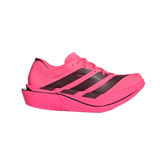 Adidas Adizero Adios Pro 5, Dame, i den livlige farvekombination Soltur/Cblack/Lucred, fremviser markante sorte striber og detaljer på en lyserød overdel. Denne lette og atletiske sko er designet med en tyk, vinklet sål og en åndbar mesh-konstruktion og er en ideel konkurrencesko til løb eller maratonløb.