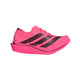 Adidas Adizero Adios Pro 5, Dame, i den livlige farvekombination Soltur/Cblack/Lucred, fremviser markante sorte striber og detaljer på en lyserød overdel. Denne lette og atletiske sko er designet med en tyk, vinklet sål og en åndbar mesh-konstruktion og er en ideel konkurrencesko til løb eller maratonløb.