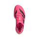 En livlig, Soltur-rosa Adidas Adizero Adios Pro 5-konkurrencesko til kvinder, set ovenfra, har markante sorte striber langs siden, matchende rosa snørebånd og »ADIZERO«-logoet både på tungen og indersålen. Denne sko er specielt designet til maratonløb og har en elegant hvid sål samt en åndbar, netlignende struktur.