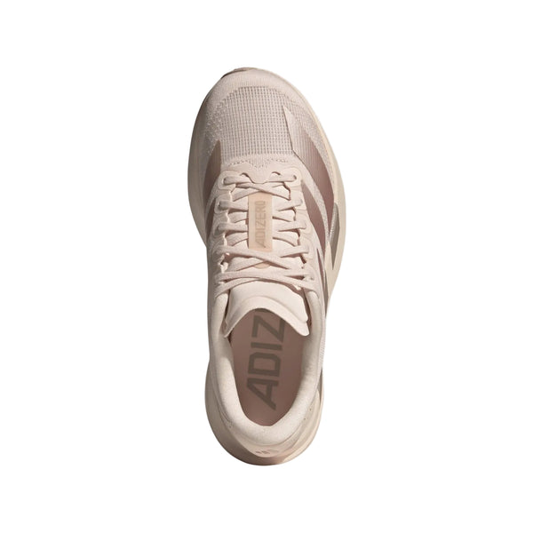 Oversigtsbillede af Adidas Adizero Evo SL Dame-løbeskoen i farvekombinationen Wonqua/Vagrme/Wontau, med mesh-materiale, syntetiske overlag, ADIZERO-logo på tungen og indersålen, snøredesign og responsiv LIGHTSTRIKE PRO-støddæmpning.