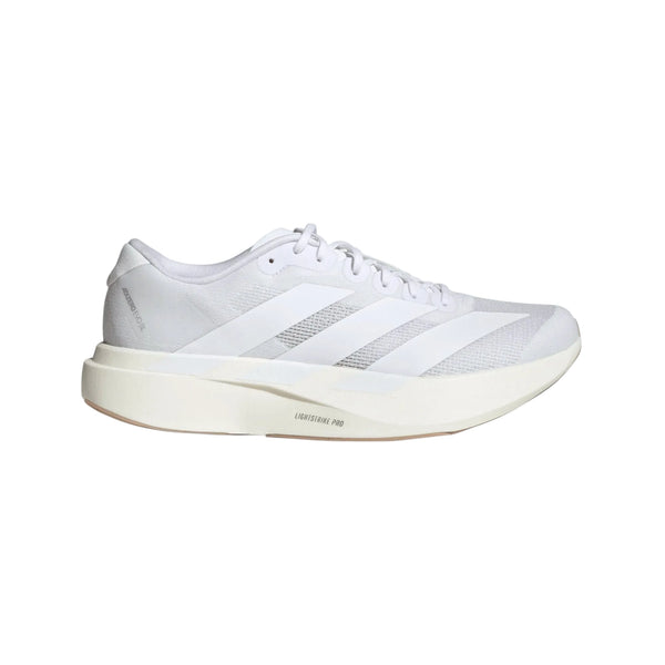 Adidas Adizero Evo SL-løbesko til mænd i farven Ftwwht/Ftwwht/Warsan har hvide snørebånd, en overdel i mesh, tre hvide striber på siden, en kraftig hvid sål og teksten »LIGHTSTRIKE PRO« på mellemsålen.