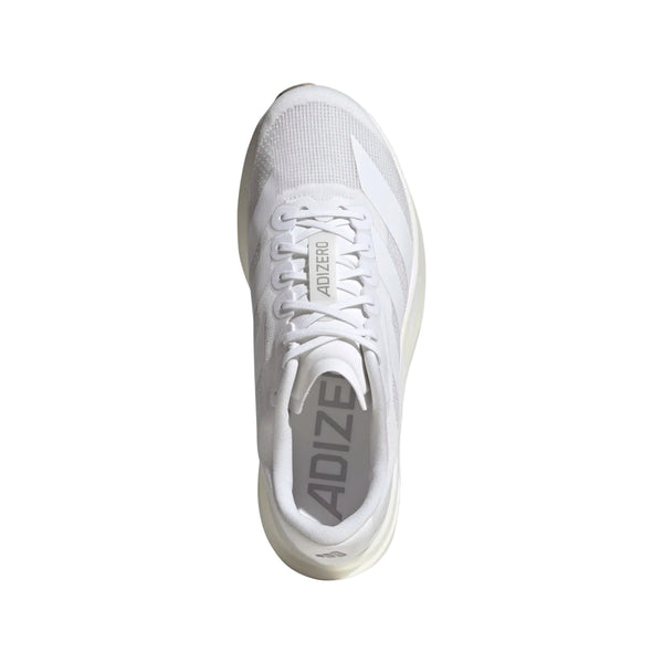 Adidas Adizero Evo Sl-løbesko til herre i farvekombinationen Ftwwht/Ftwwht/Warsan har en overdel i mesh, snørebånd, ADIZERO-logo på tungen og indersålen, diskrete striber på siderne samt responsiv LIGHTSTRIKE PRO-støddæmpning.