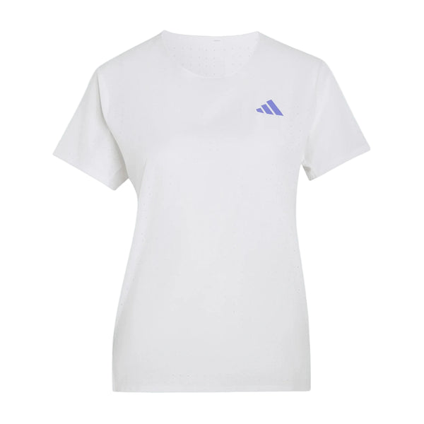 Adidas Adizero løbetrøje til kvinder, hvid/Solpur, har korte ærmer, rund halsudskæring og et lille lilla logo på venstre bryst – perfekt som en ultralet løbetrøje til kvinder.