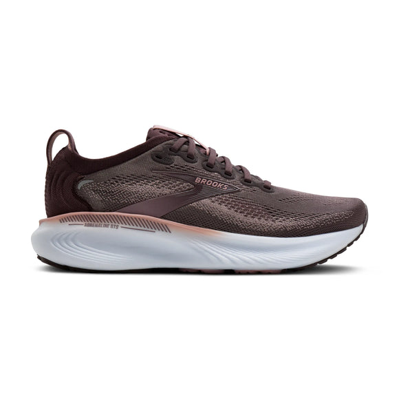 Et billede set fra siden af Brooks Adrenaline GTS 25 Dame-løbeskoen i farvekombinationen Raisin/Woodrose/White med overdel i mesh, snørebånd, polstret hvid sål og mellemsål med farveovergang – perfekt som en behagelig sko til mængdetræning.