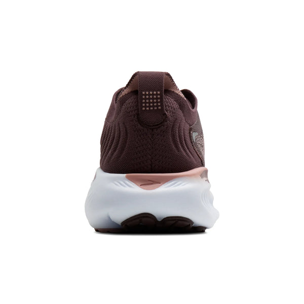 Et bagfra-billede af Brooks Adrenaline GTS 25 dame-løbesko i farvekombinationen Raisin/Woodrose/White, med struktureret stof, en prikket trækflap og en tyk hvid sål med en brun detalje ved hælen.