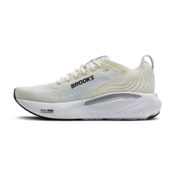 En enkelt Brooks Adrenaline GTS 25 Dame løbesko i Star White/Nantucket/Chrome vises fra siden med hvid sål, sort ydersål, diskrete striber og Brooks-logo på siden.