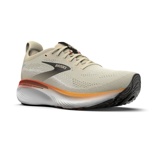 En Brooks Adrenaline GTS 25 herre mængdetræningssko i farven Rutabaga/Tigerlily/Orange med sort logo, støddæmpning, mesh overdel og tekstureret sort ydersål vises fra trekvart vinkel på hvid baggrund.