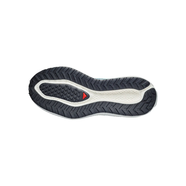 Billedet viser sålen på Salomon Aero Glide 4 Grvl herre gravel løbesko i Stormy Weather/Lichen/Vanilla Ice, der har en struktureret slidbane og en lille rød trekantet detalje for maksimal dæmpning.