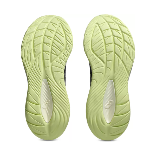 Et par Asics Gel-Cumulus 27 løbesko herre i Indigo Fog/Lucid Yellow med strukturerede, buede såler og ovale udskæringer, vist side om side på en hvid baggrund. Med innovativ PureGEL-teknologi.