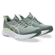 Et par Asics Gel-Kayano 32 Dame løbesko i monumentblå og hviskende grøn med hvide såler, vist side om side på en hvid baggrund.