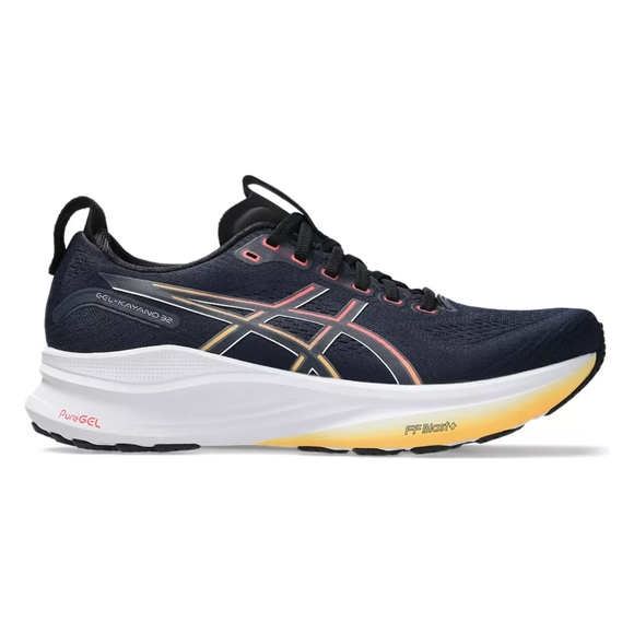 Asics Gel-Kayano 32, Herre, Midnight/Black har en overdel i sort mesh, hvid og gul sål med gradient, guld og orange ASICS-logo, synlig PureGEL og FF BLAST+ branding - udviklet som en førsteklasses stabilitetssko til løbere.