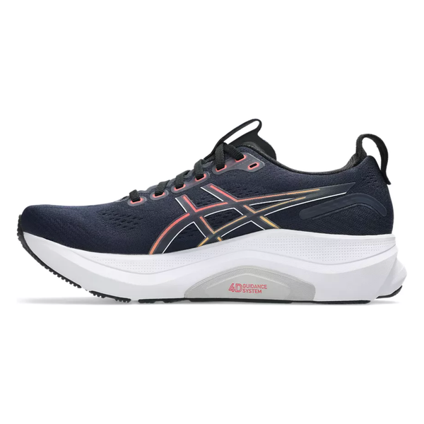 Asics Gel-Kayano 32 Herre i Midnight/Black har en mørkeblå overdel, hvid sål med "4D Guidance System"-tekst, sorte snørebånd og rødt og guld ASICS-logo; vist i sideprofil.