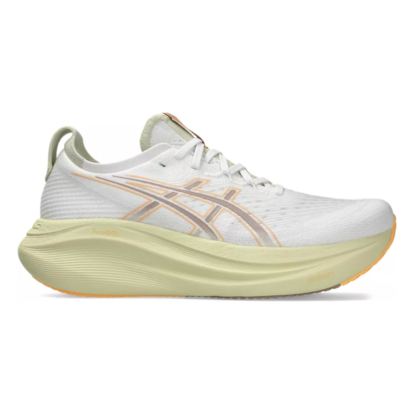 Asics Gel-Nimbus 27, Herre, White/Fawn er en løbesko til mænd med en tyk polstret sål og snørelukning, der har ASICS-logoet på siden for maksimal komfort.